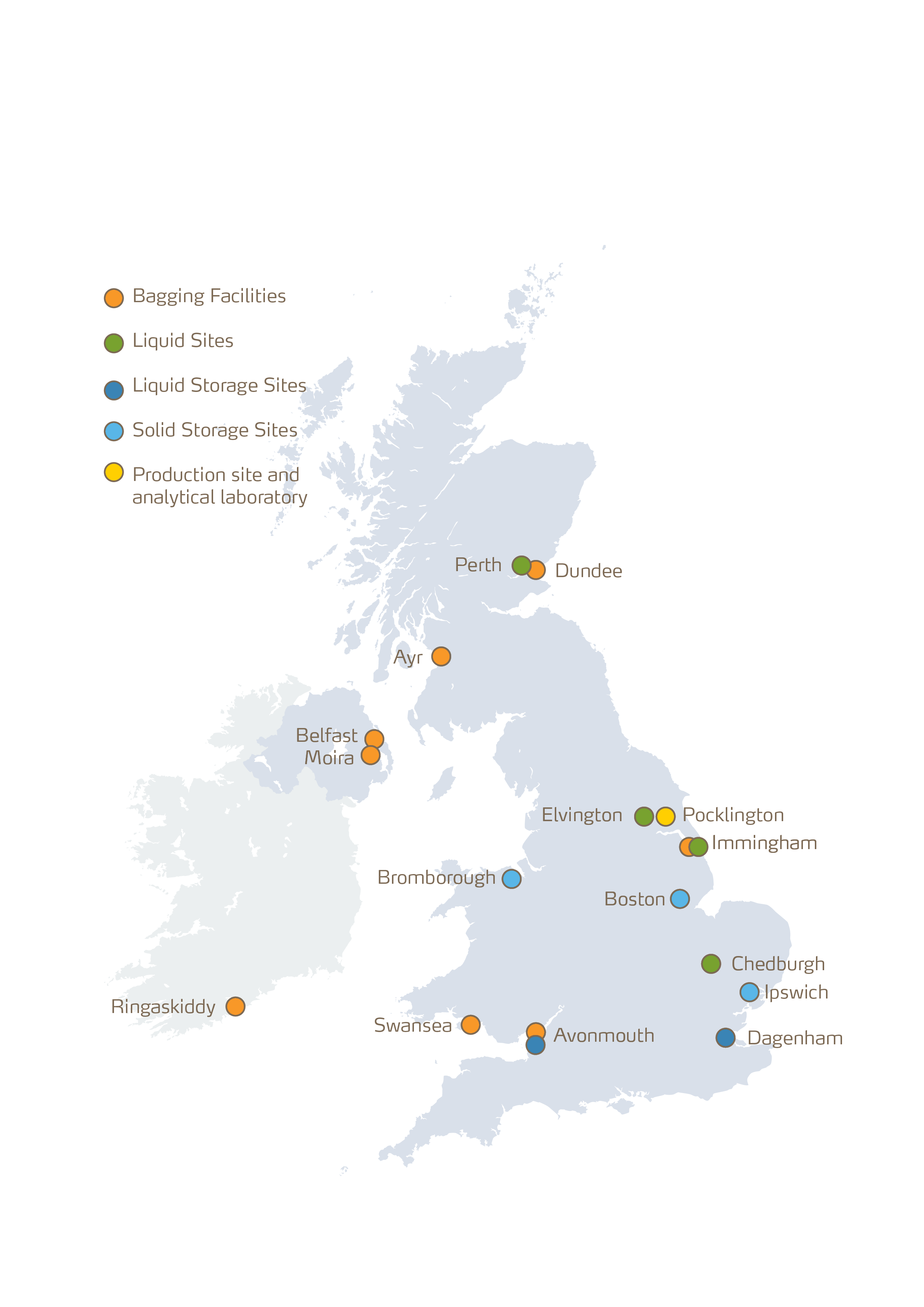 Image of United Kingdom showing locations of Yara Sites 